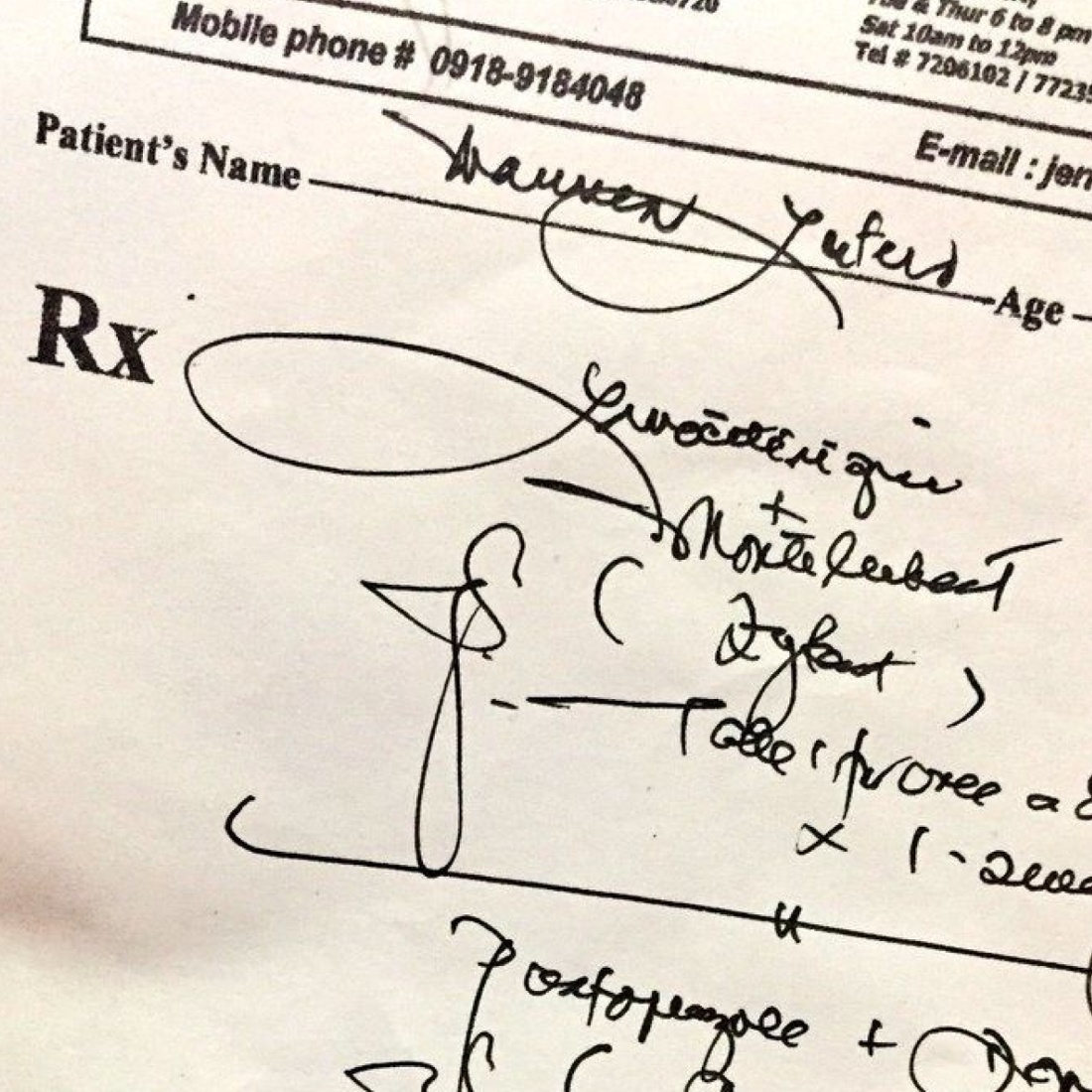 A doctor's illegible handwriting on a prescription